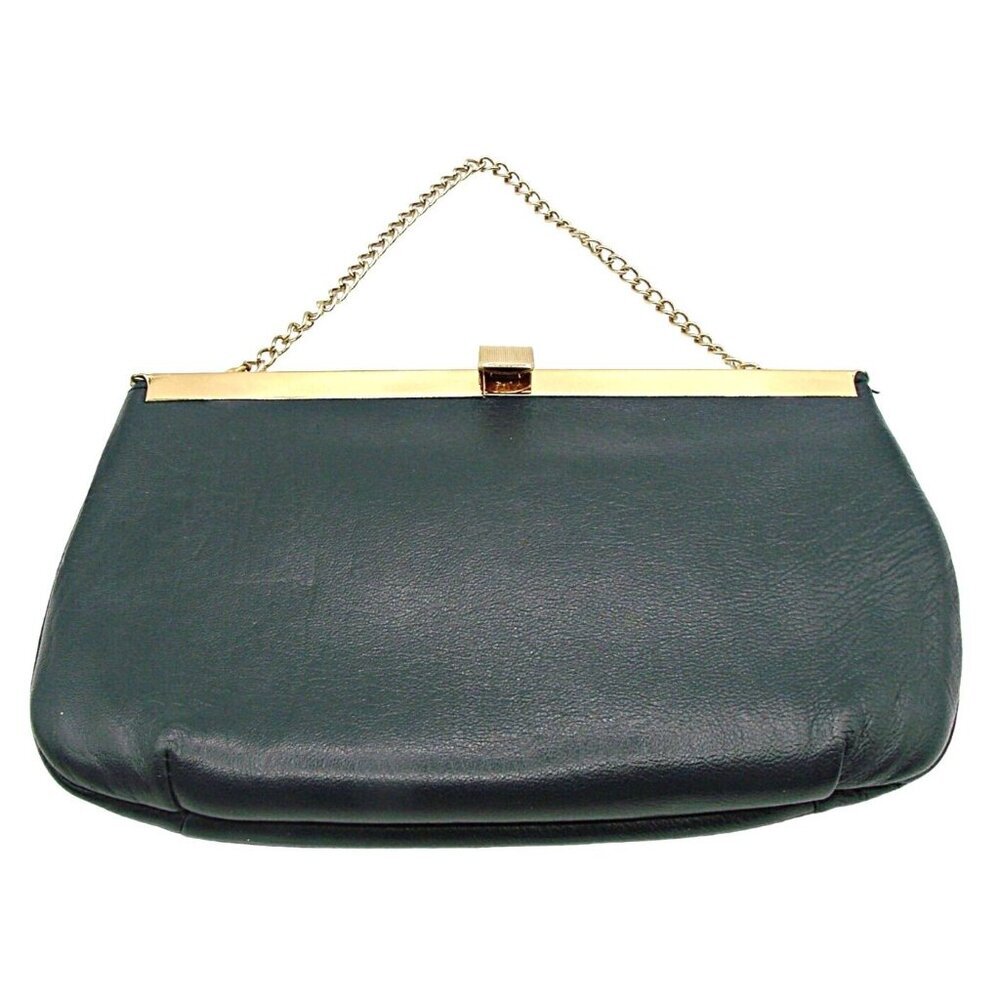 Ande Small Handbag Leather Dark Blue Gold Chained Kiss Lock Clutch Purse Vintage